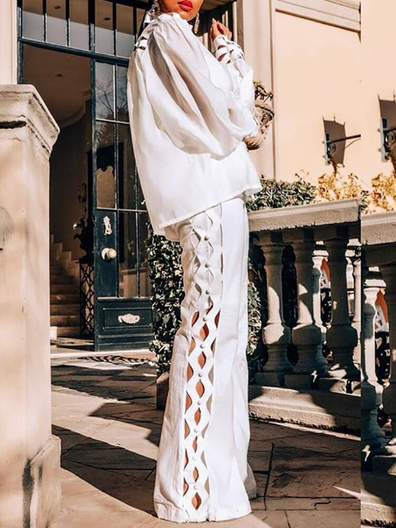 Two Piece Pants Sets Sexy Hollow Out Women Autumn Clothing Stand