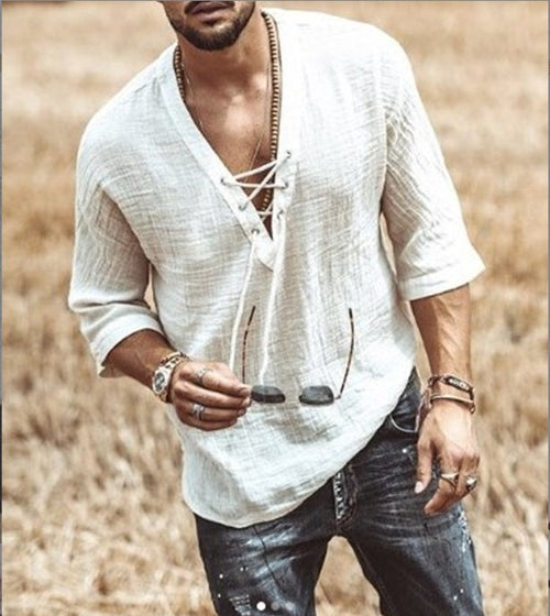 Men’s Lace-Up Linen Shirt – Casual Vintage Look, Short Sleeves